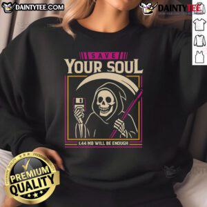 Alt Text: Funny 'Save Your Soul' Grim Reaper sweatshirt featuring a floppy disk design, perfect for quirky fashion lovers.