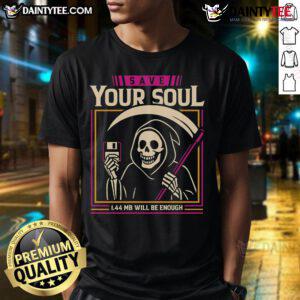 Alt Text: Funny Save Your Soul Grim Reaper T-Shirt featuring a floppy disk design, perfect for tech and humor enthusiasts.