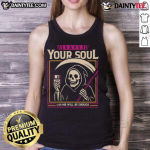 Funny Grim Reaper tank top design with floppy disk and 'Save Your Soul' text, perfect for tech and humor lovers.