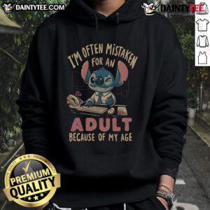 Funny Stitch hoodie with 'I'm often mistaken for an adult because of my age' text, perfect for quirky fashion lovers.