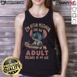 Funny Stitch tank top with 'I'm often mistaken for an adult because of my age' design, perfect for casual wear.