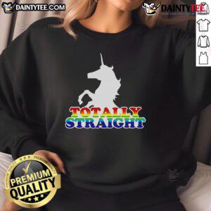 Alt Text: Funny 'Totally Straight Unicorn' rainbow text design on LGBT sweatshirt, celebrating humor and pride in fashion.