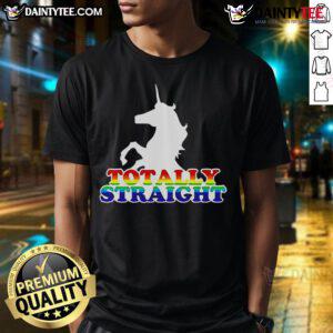 Alt Text: Funny Totally Straight Unicorn Rainbow Text LGBT T-Shirt featuring a colorful unicorn and vibrant rainbow graphics.
