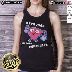Funny Uteruses Before Duderuses tank top design featuring humorous illustrations and text, perfect for casual wear.