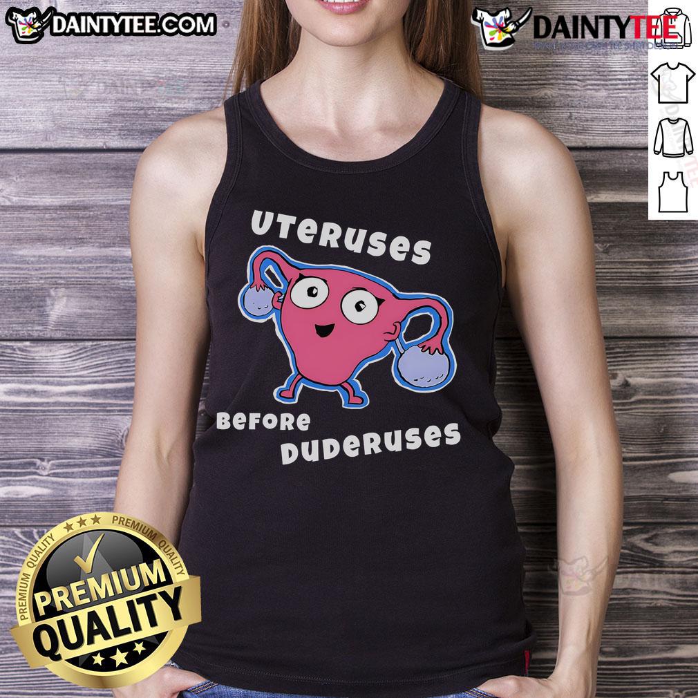 Funny Uteruses Before Duderuses tank top design featuring humorous illustrations and text, perfect for casual wear.