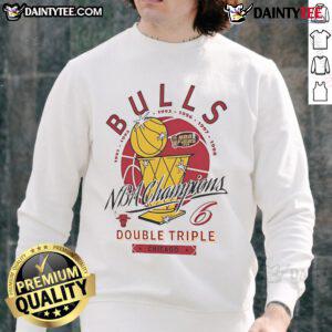 Good Chicago Bulls NBA Champions sweatshirt celebrating double and triple titles from 1991 to 1998.
