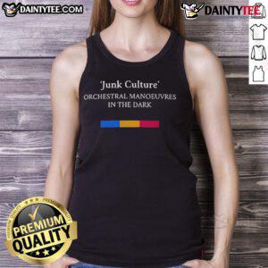 Orchestral Manoeuvres in the Dark tank top featuring 'Good Junk Culture' design, perfect for fans of retro music fashion.