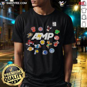 Alt Text: Good Mitchell Ness NBA Amp T-Shirt featuring vibrant team colors and logo, perfect for basketball fans.