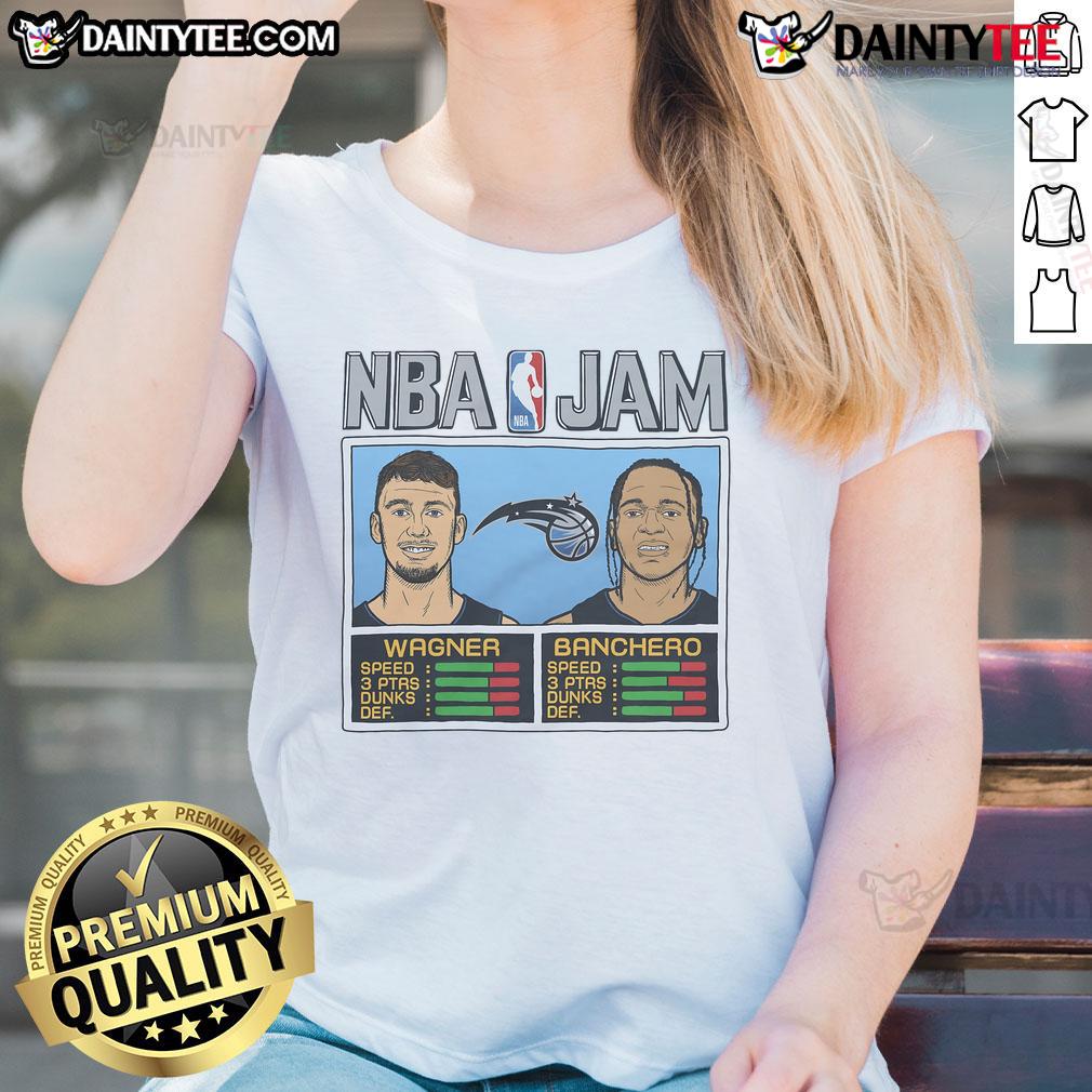 Good NBA Jam Magic Wagner and Banchero ladies tee featuring vibrant graphics of the players in action.
