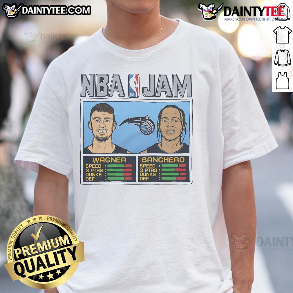 Alt Text: Good NBA Jam Magic Wagner and Banchero T-Shirt featuring iconic players in vibrant colors for basketball fans.