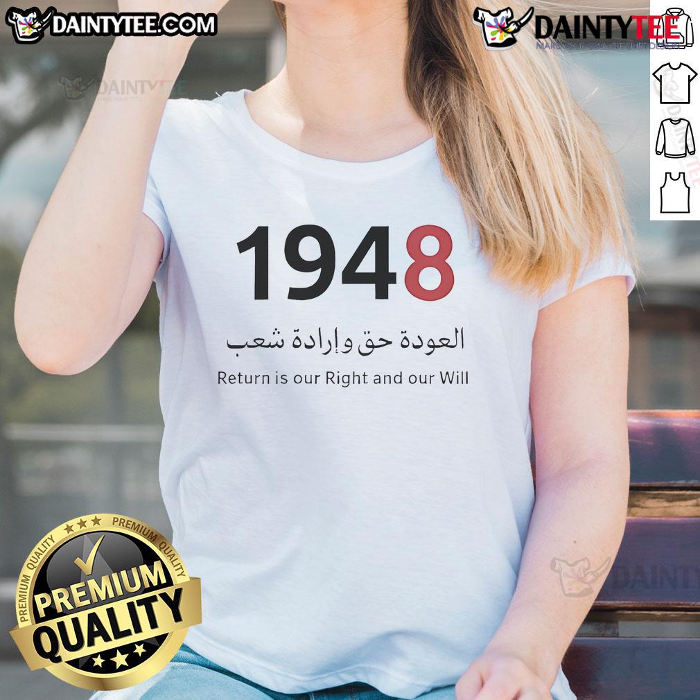 Good Return Is Our Right and Our Will Palestine 1948 Ladies Tee featuring bold text and stylish design for women's fashion.