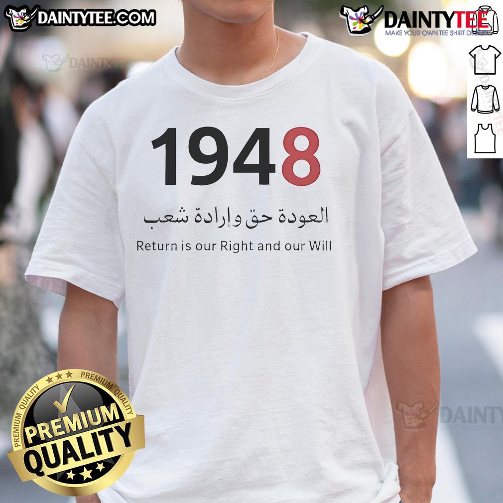 Good Return Is Our Right And Our Will Palestine 1948 T-Shirt featuring bold text on a stylish, casual tee.