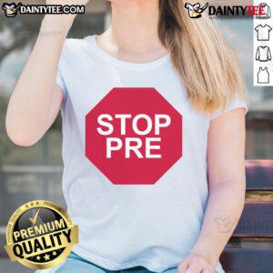 Good Steve Prefontaine wearing Stop Pre ladies tee, showcasing vintage running style and sports apparel fashion.