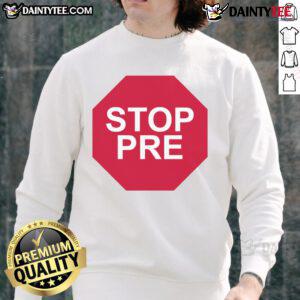 Good Steve Prefontaine wearing a 'Stop Pre' sweatshirt, showcasing his iconic style and passion for running.