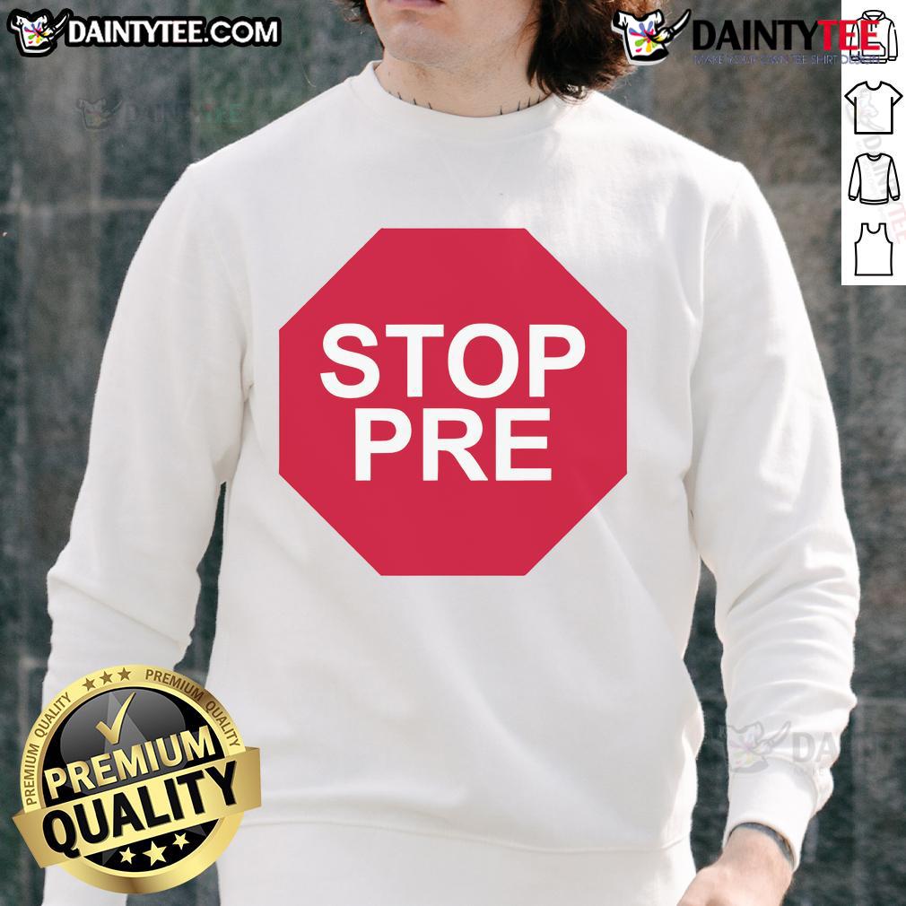 Good Steve Prefontaine wearing a 'Stop Pre' sweatshirt, showcasing his iconic style and passion for running.