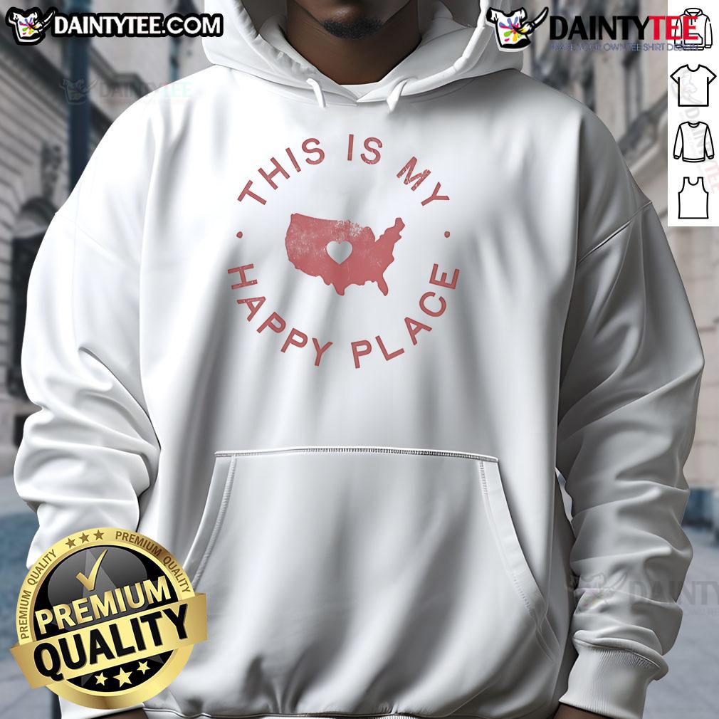 Cozy American map hoodie with 'This Is My Happy Place' graphic, perfect for travel lovers and comfort seekers.