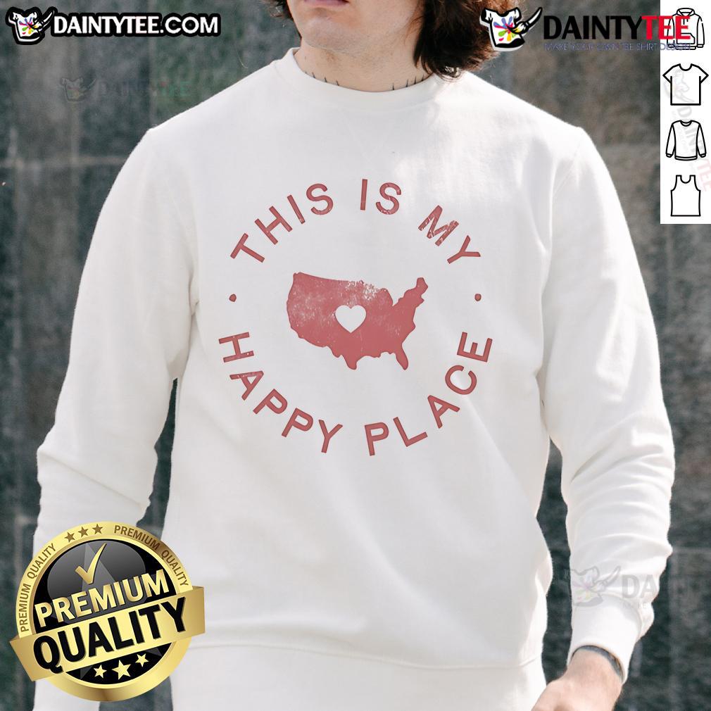Cozy American map sweatshirt with 'Good, This Is My Happy Place' text, perfect for casual outings and travel lovers.
