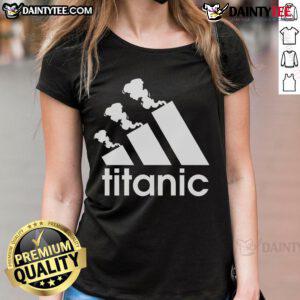 Funny Titanic sinking parody tee for ladies featuring a humorous take on the iconic movie scene. Perfect for casual wear.