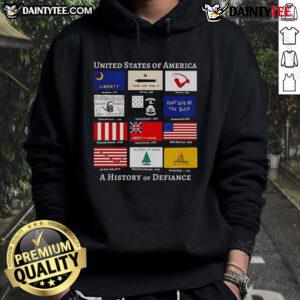 Good United States of America A History of Defiance Flags hoodie featuring bold flag designs and a comfortable fit.