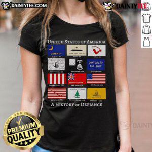 Good United States of America History of Defiance Flags ladies tee featuring a bold graphic design and vibrant colors.