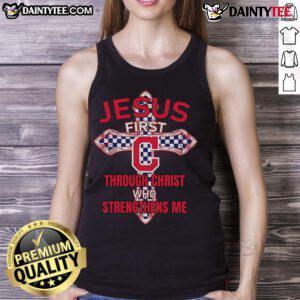 Happy Cleveland Guardians tank top featuring 'Jesus First, Through Christ Who Strengthens Me' design in vibrant colors.