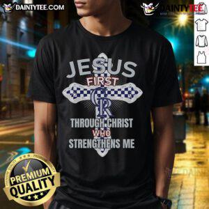 Happy Colorado Rockies t-shirt featuring 'Jesus First Through Christ Who Strengthens Me' graphic design.