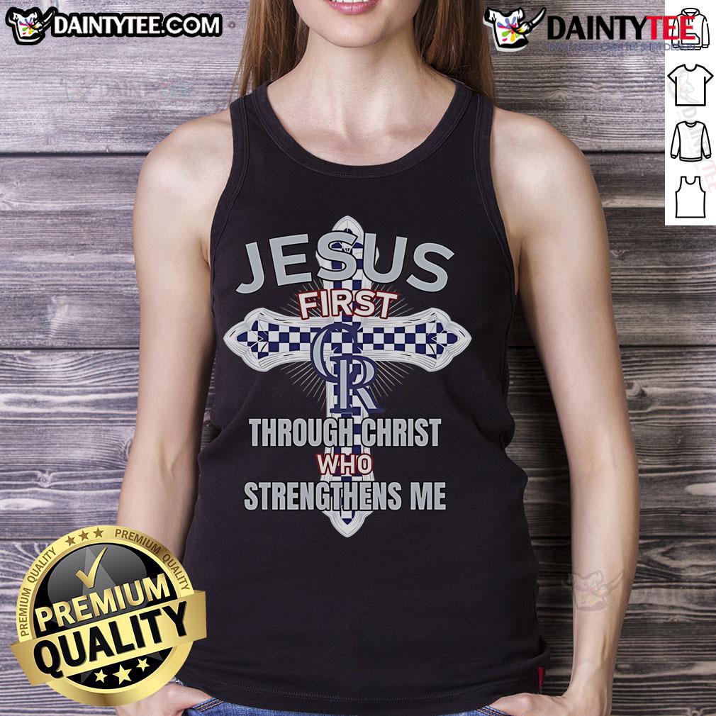 Happy Colorado Rockies scene featuring a 'Jesus First' tank top with 'Through Christ Who Strengthens Me' design.