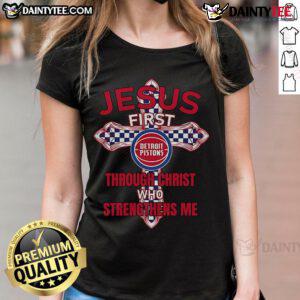 Happy Detroit Pistons Jesus tee for ladies featuring 'I can do all things through Christ who strengthens me' design.
