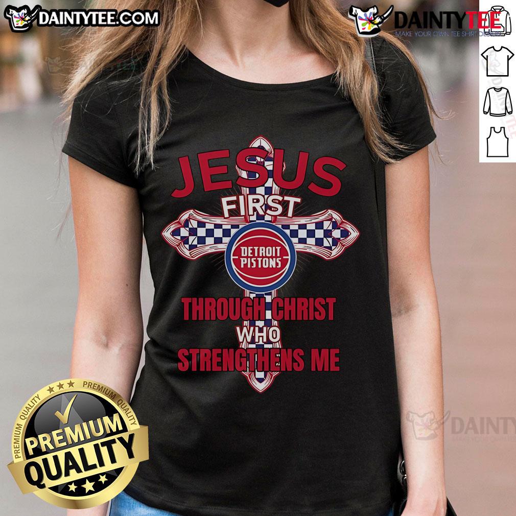 Happy Detroit Pistons Jesus tee for ladies featuring 'I can do all things through Christ who strengthens me' design.