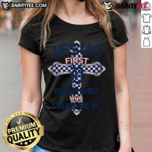 Happy Detroit Tigers ladies tee featuring 'Jesus First Through Christ Who Strengthens Me' for sports and faith lovers.
