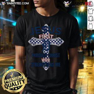 Happy Detroit Tigers T-Shirt featuring 'Jesus First Through Christ Who Strengthens Me' design for fans and believers.
