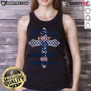 Happy Detroit Tigers tank top featuring 'Jesus First, Through Christ Who Strengthens Me' design for fans and believers.