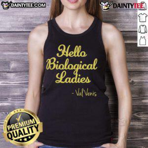 Happy women wearing 'Hello Biological Ladies' Val Vens tank top, showcasing vibrant design and promoting body positivity.