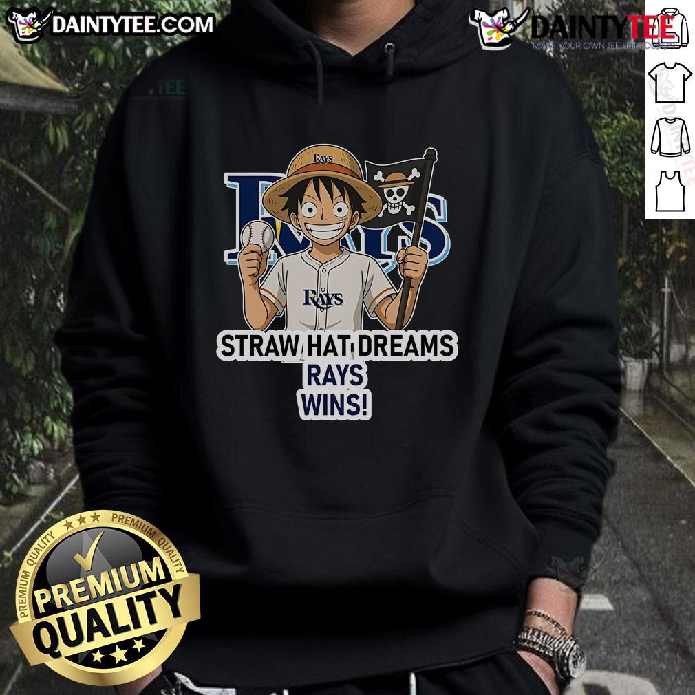 Happy Tampa Bay Rays fan wearing a Monkey D. Luffy 'Straw Hat Dreams' hoodie, celebrating a game win.