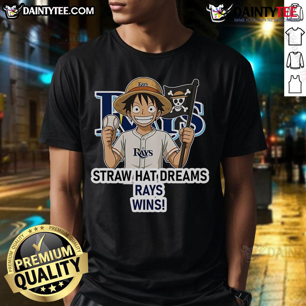 Happy Tampa Bay Rays Monkey D. Luffy wearing a Straw Hat Dreams Wins T-Shirt, showcasing fun baseball fandom.