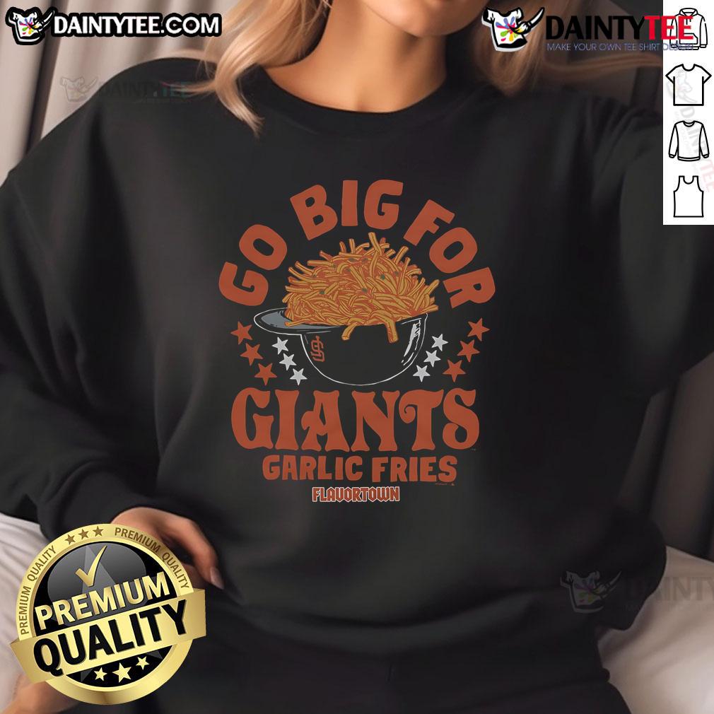 Alt Text: Hot MLB X Flavortown San Francisco Giants sweatshirt featuring garlic fries design for fans and food lovers.
