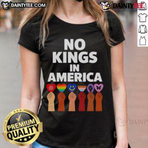 Hot No Kings in America Anti-Authoritarian Protest Trump Ladies Tee with bold graphic design and empowering message.