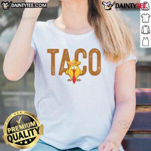 Funny Ladies Tee featuring 'Hot Taco Trump Always Chickens Out' design, perfect for humor and political satire enthusiasts.