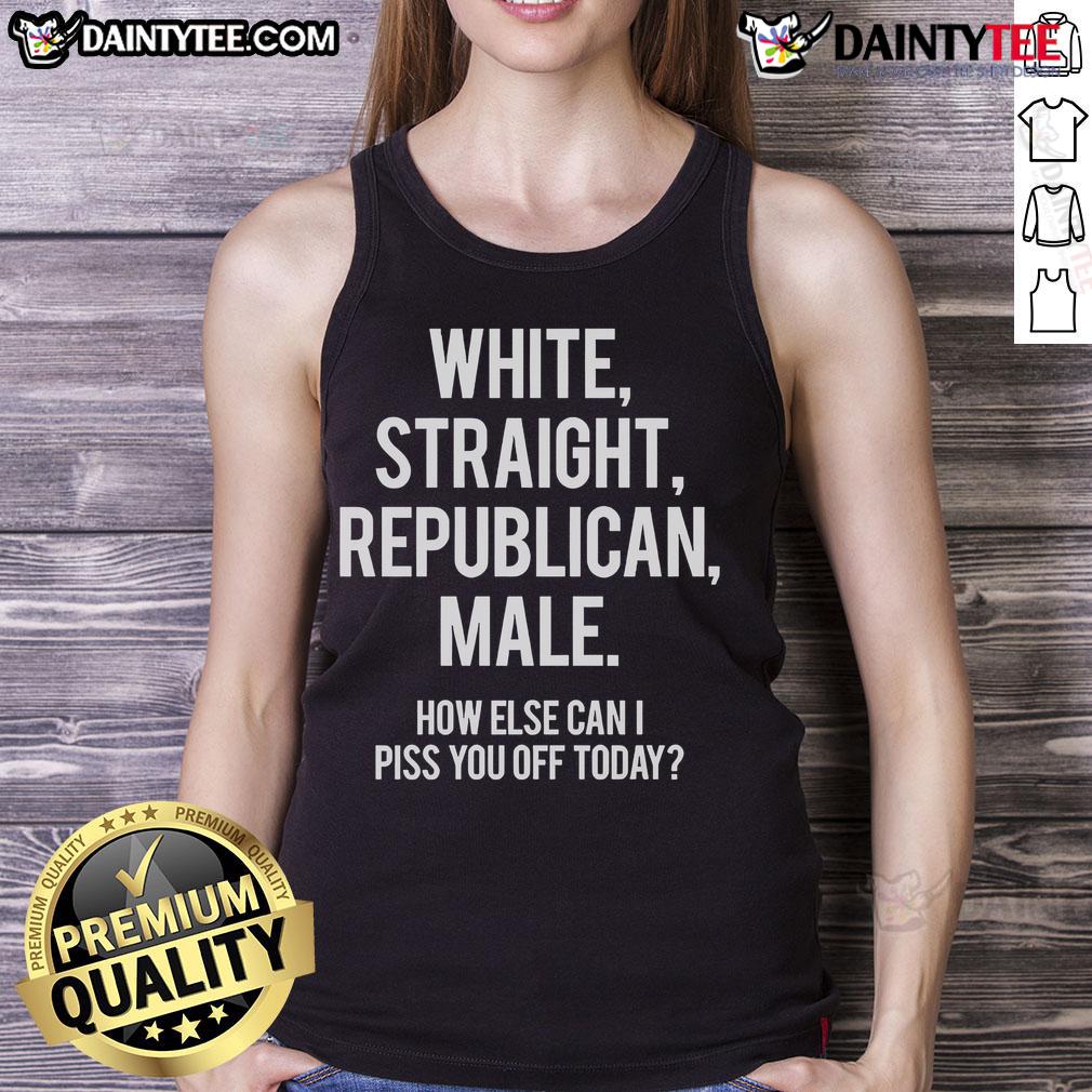 Hot white straight Republican male wearing a tank top with bold text, showcasing edgy humor and a confident style.