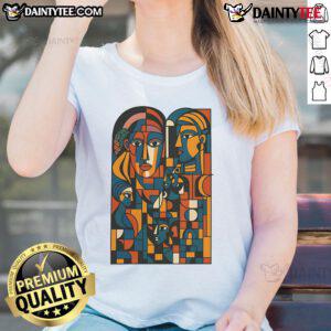 Colorful abstract faces montage on a ladies tee, showcasing unique artistic design for trendy fashion lovers.