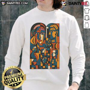 Colorful montage of abstract faces on a stylish sweatshirt, perfect for unique fashion lovers.