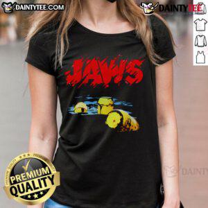 Nice Jaws 50th Anniversary Ladies Tee featuring iconic shark graphic and stylish design for fans of the classic movie.