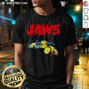 Alt Text: Nice Jaws 50th Anniversary T-Shirt featuring iconic shark design for fans of the classic horror film.