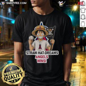 Alt Text: Los Angeles Angels Monkey D. Luffy Straw Hat Dreams T-Shirt featuring vibrant design and sports theme for fans.