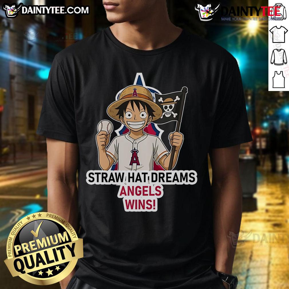 Alt Text: Los Angeles Angels Monkey D. Luffy Straw Hat Dreams T-Shirt featuring vibrant design and sports theme for fans.