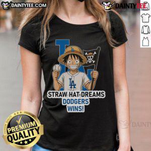 Alt Text: Ladies tee featuring the Nice Los Angeles Dodgers design with Monkey D. Luffy from One Piece and dreams of victory.