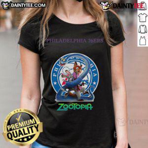 Womens Nice Philadelphia 76ers Zootopia 2 Tee featuring vibrant graphics and soft fabric, perfect for sports fans.