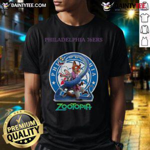 Alt Text: Nice Philadelphia 76ers Zootopia 2 T-shirt featuring vibrant graphics and a comfortable fit, perfect for fans.