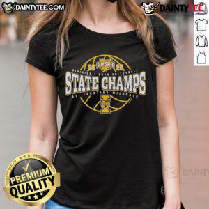 Alt Text: Official 2025 OHSAA Boys Volleyball D1 State Champions St. Ignatius Wildcats ladies tee featuring team logo and colors.