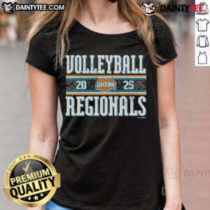 Alt Text: Official 2025 OHSAA Boys Volleyball Regionals Ladies Tee featuring vibrant design and team spirit for fans and players.